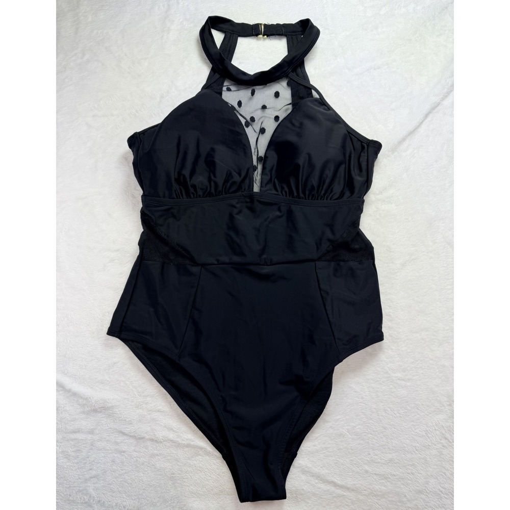 California Sunshine Halter One Piece Swimsuit Mesh Polka Dot Bathing Suit 12/14